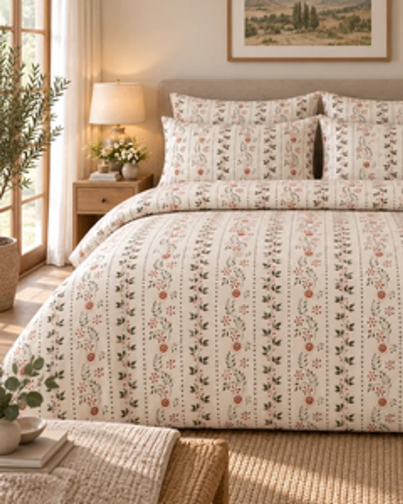 a made bed in a quiet bedroom, cotton bedding in daylight