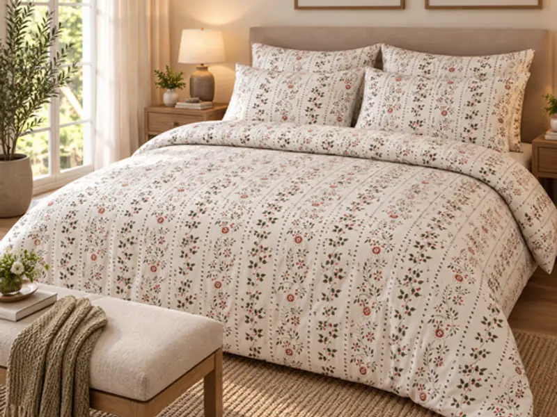 printed bedding made up on a bed